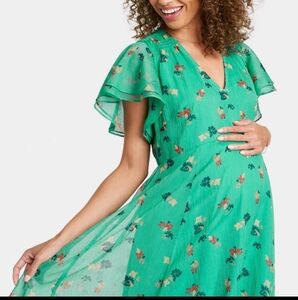 Nines By Hatch Green Floral Midi Maternity Dress Large
